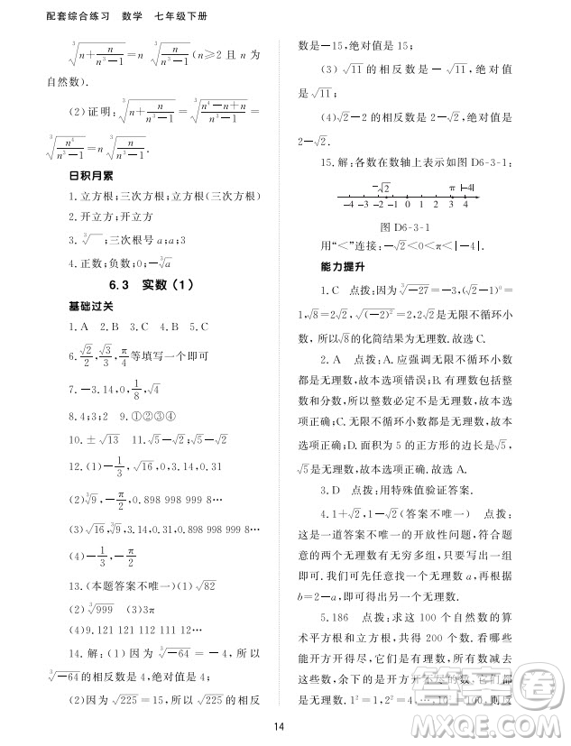 北京師范大學出版社2024年春配套綜合練習七年級數(shù)學下冊人教版參考答案