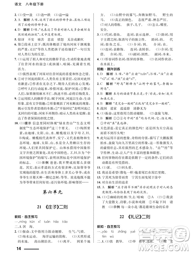 甘肅教育出版社2024年春配套綜合練習(xí)八年級語文下冊人教版參考答案