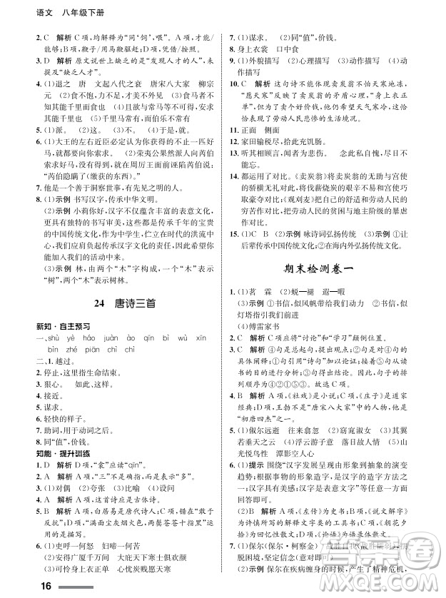 甘肅教育出版社2024年春配套綜合練習(xí)八年級語文下冊人教版參考答案