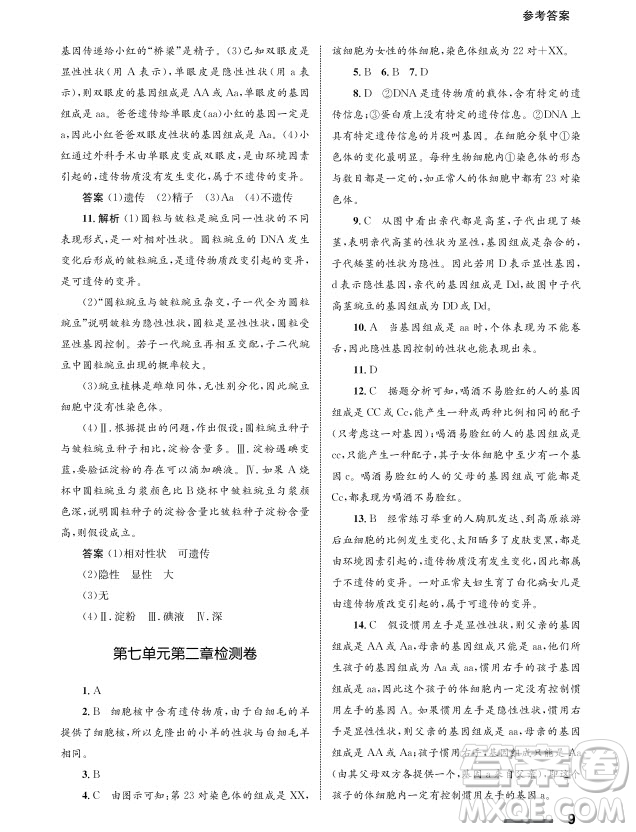 甘肅教育出版社2024年春配套綜合練習(xí)八年級(jí)生物下冊(cè)人教版參考答案