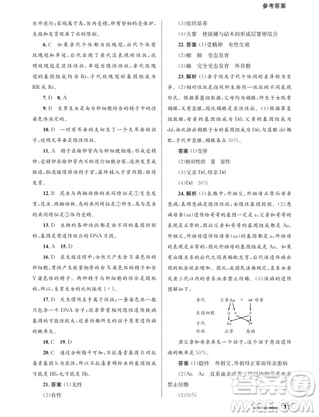 甘肅教育出版社2024年春配套綜合練習(xí)八年級(jí)生物下冊(cè)人教版參考答案