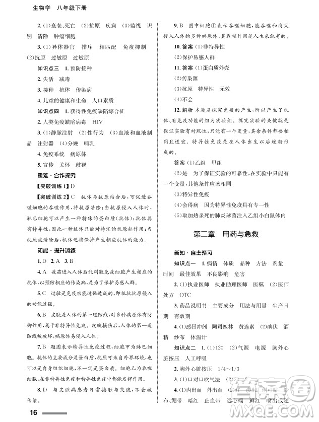 甘肅教育出版社2024年春配套綜合練習(xí)八年級(jí)生物下冊(cè)人教版參考答案