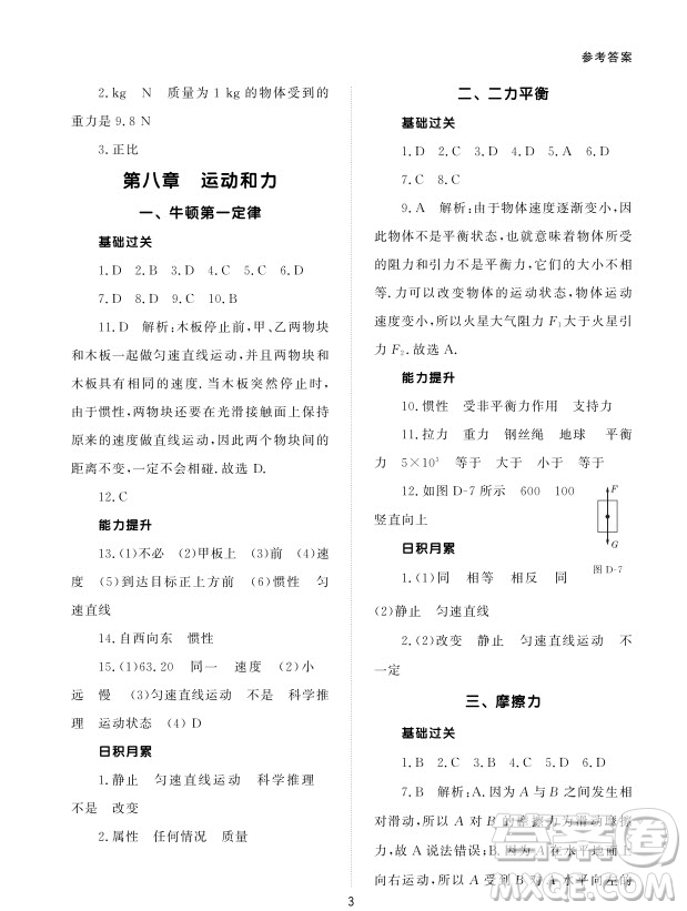 北京師范大學(xué)出版社2024年春配套綜合練習(xí)八年級(jí)物理下冊(cè)人教版參考答案