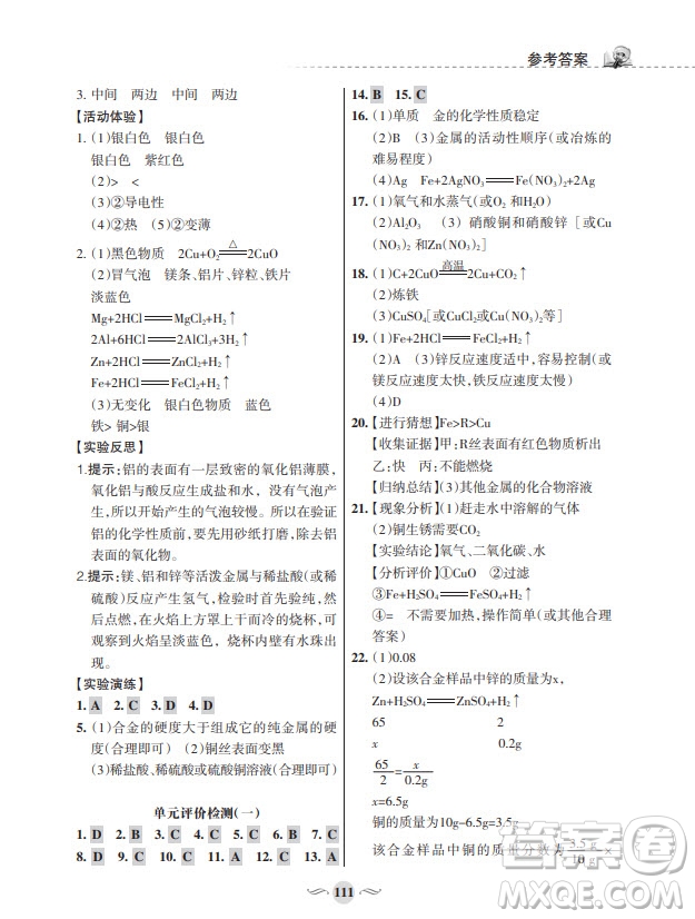 甘肅文化出版社2024年春配套綜合練習九年級化學下冊人教版參考答案