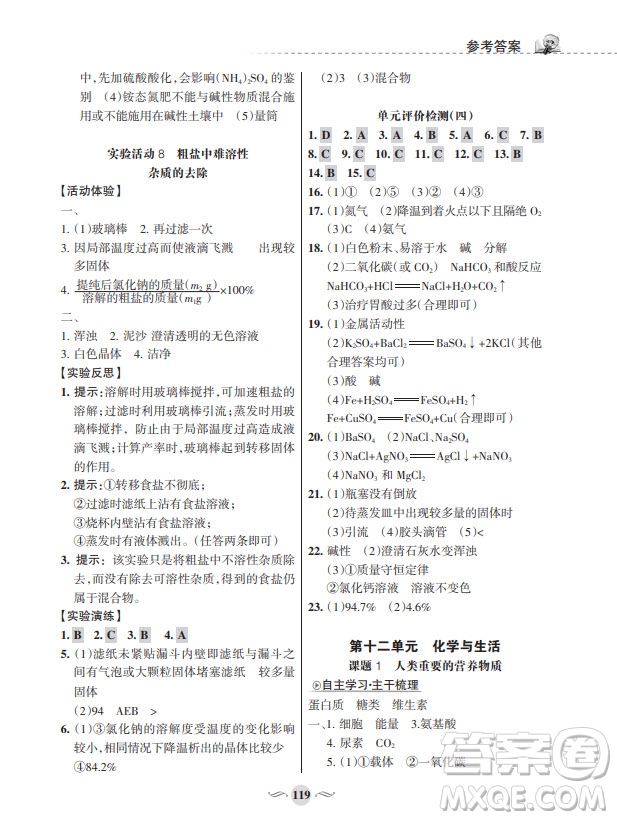 甘肅文化出版社2024年春配套綜合練習九年級化學下冊人教版參考答案