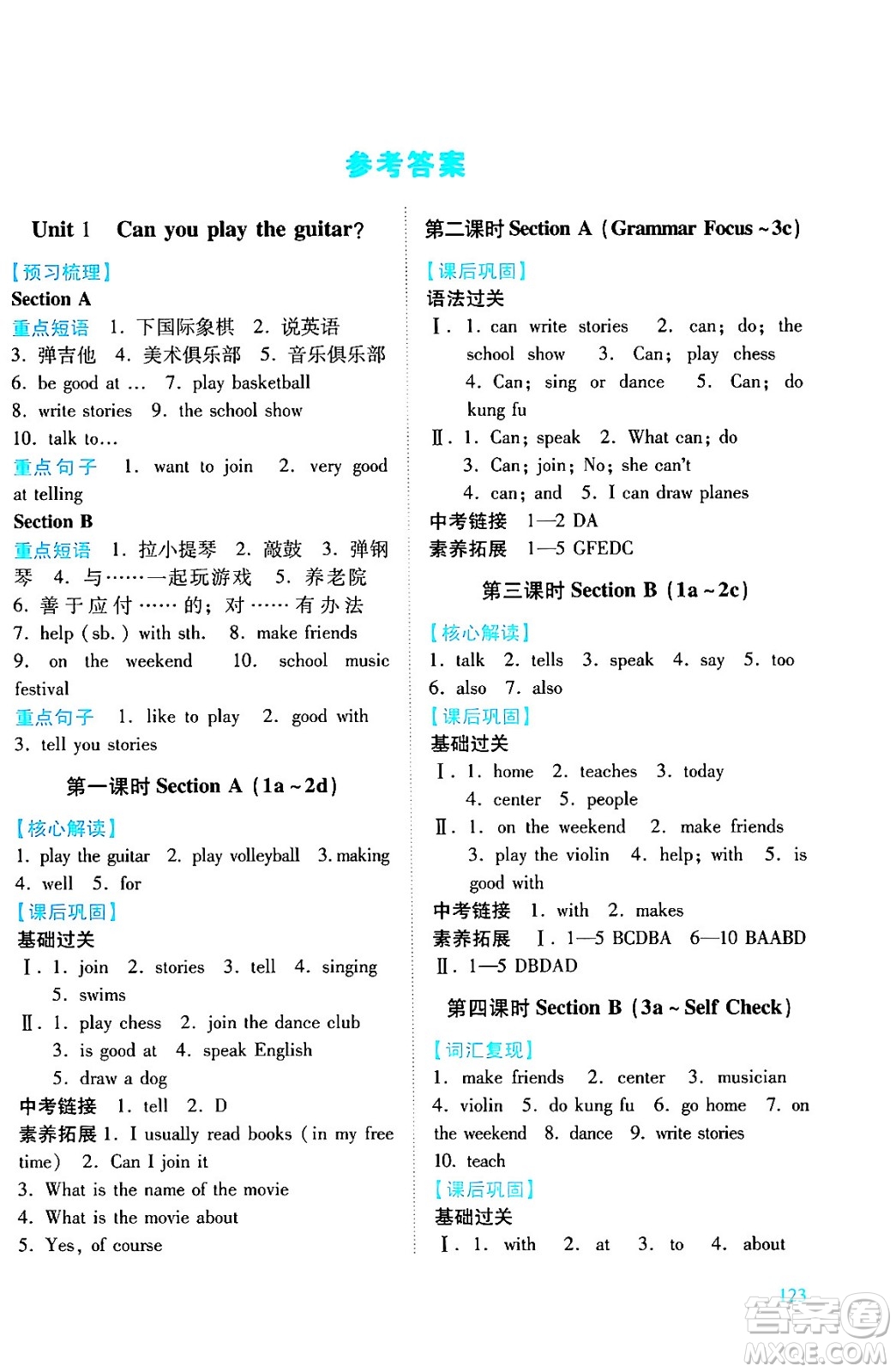 人民教育出版社2024年春績(jī)優(yōu)學(xué)案七年級(jí)英語下冊(cè)人教版答案