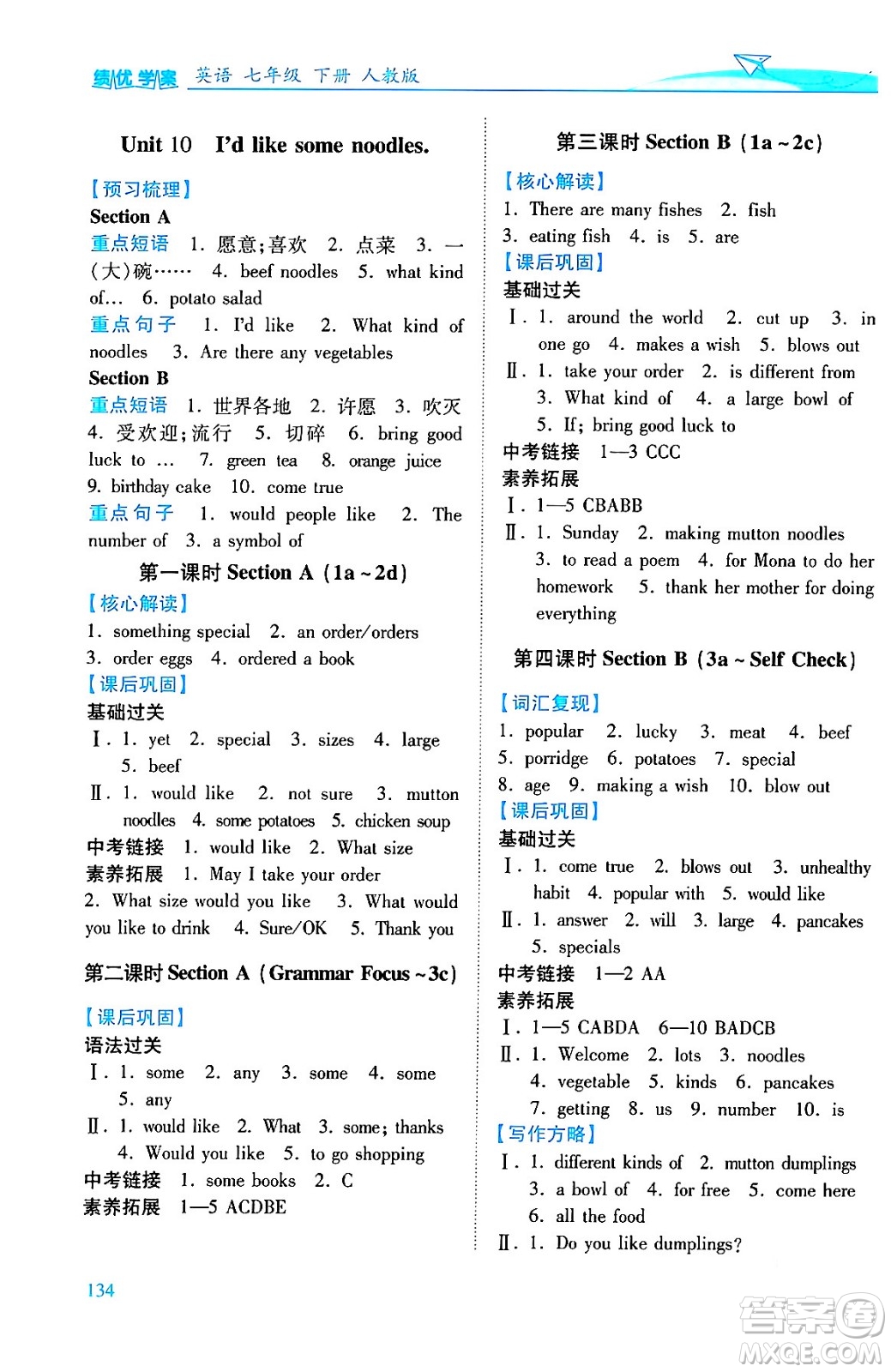 人民教育出版社2024年春績(jī)優(yōu)學(xué)案七年級(jí)英語下冊(cè)人教版答案