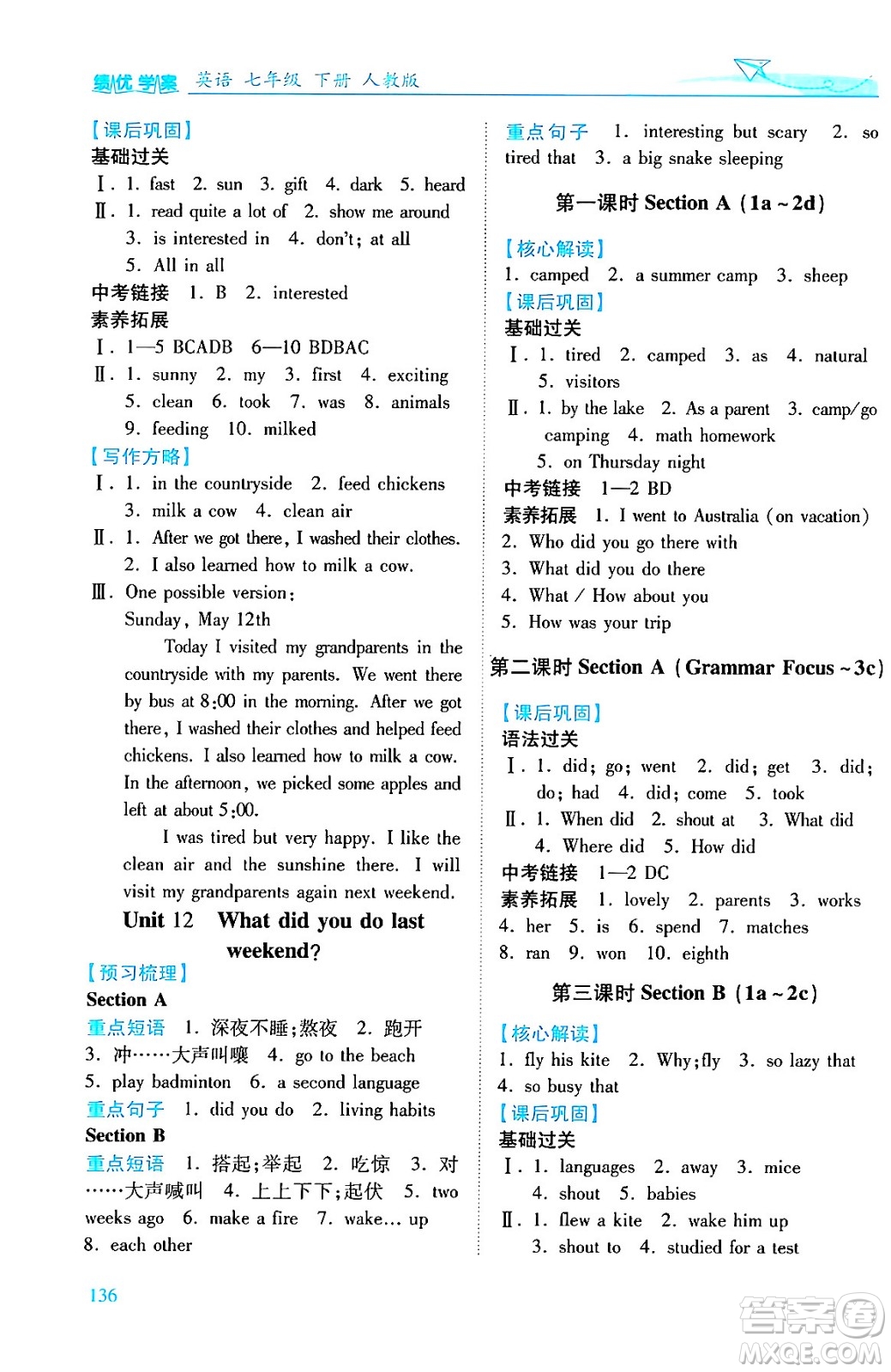 人民教育出版社2024年春績(jī)優(yōu)學(xué)案七年級(jí)英語下冊(cè)人教版答案