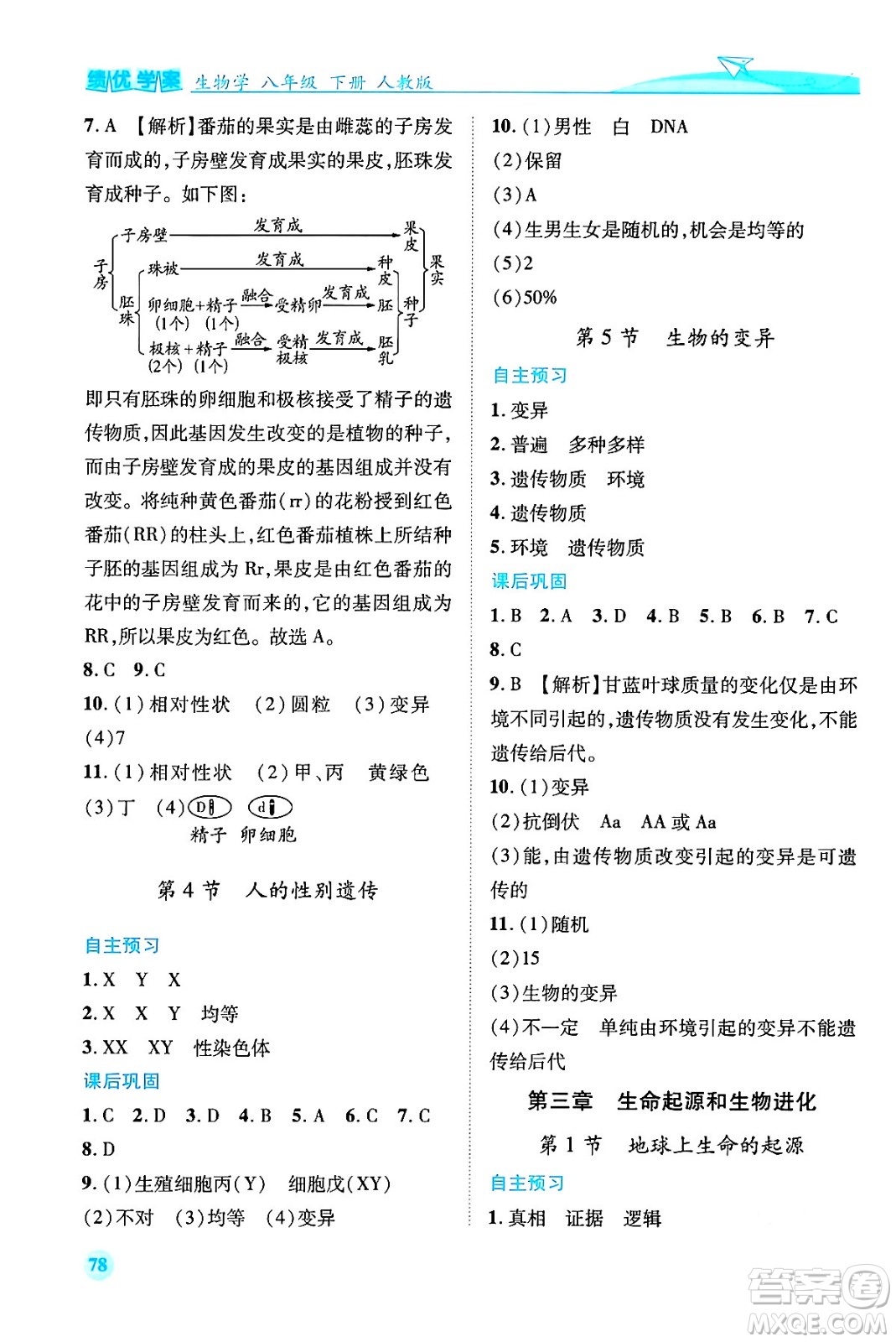 人民教育出版社2024年春績(jī)優(yōu)學(xué)案八年級(jí)生物下冊(cè)人教版答案