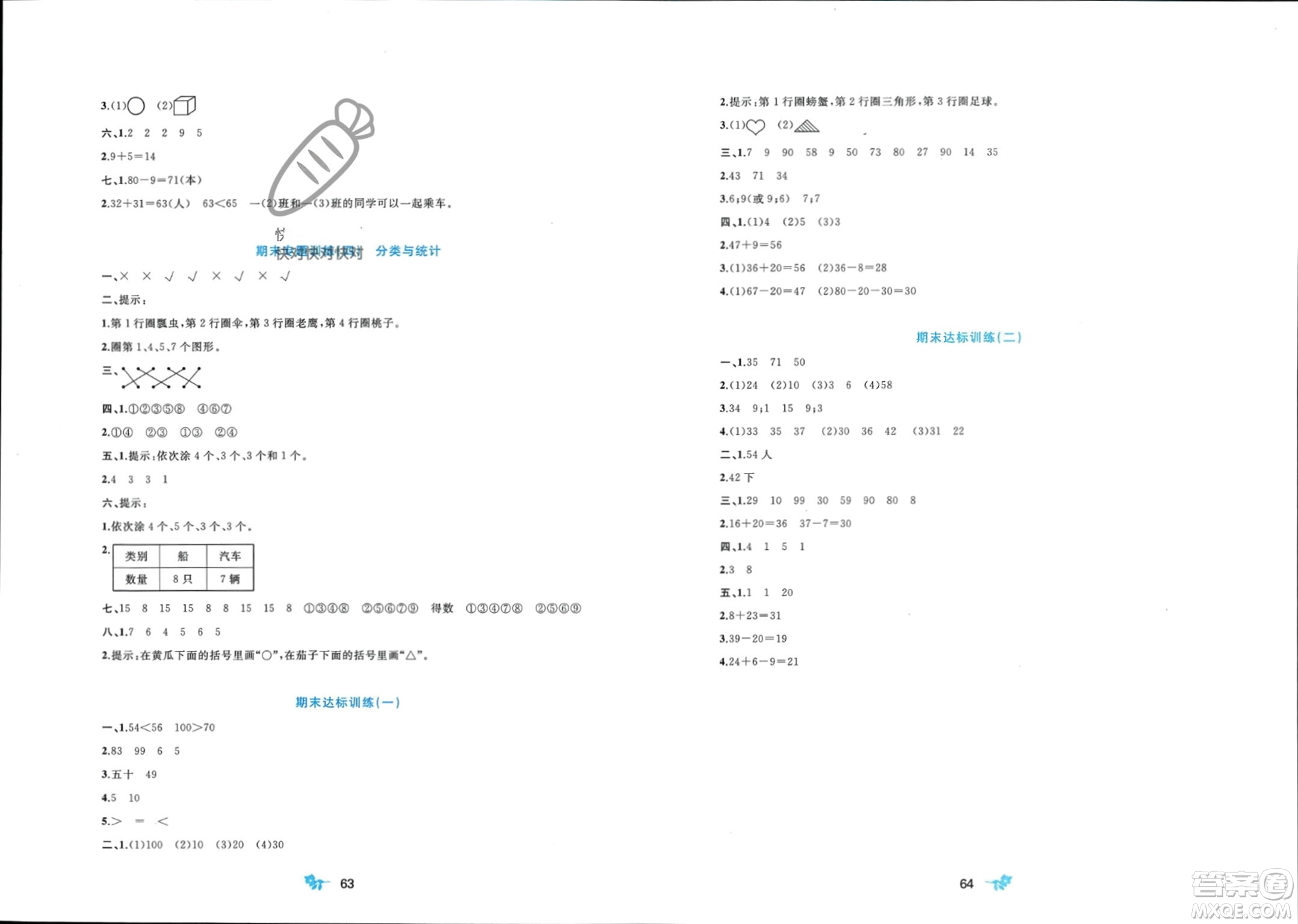 廣西師范大學(xué)出版社2024年春新課程學(xué)習(xí)與測(cè)評(píng)單元雙測(cè)一年級(jí)數(shù)學(xué)下冊(cè)A版人教版參考答案