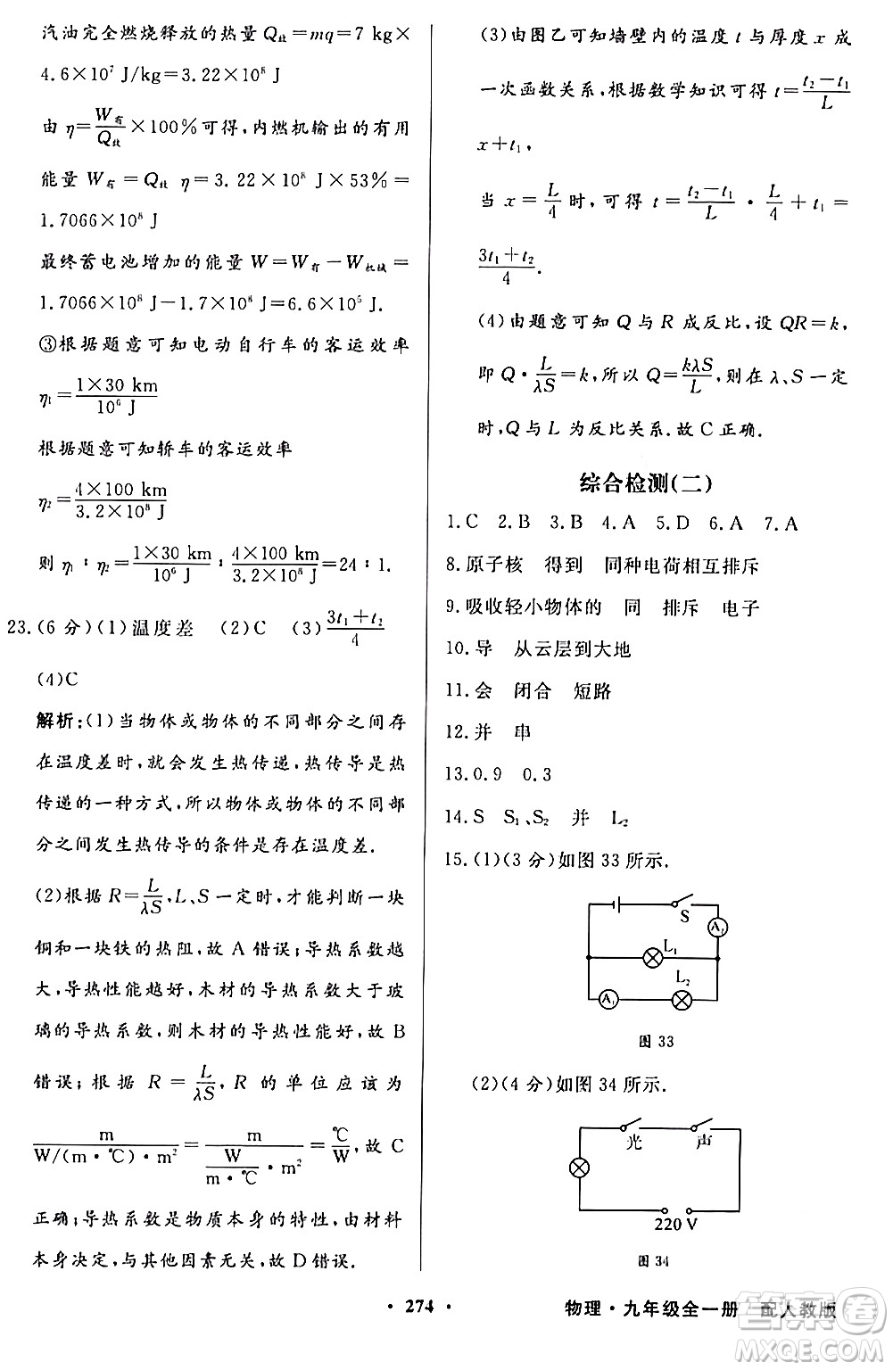 人民教育出版社2024年春同步導學與優(yōu)化訓練九年級物理下冊人教版答案