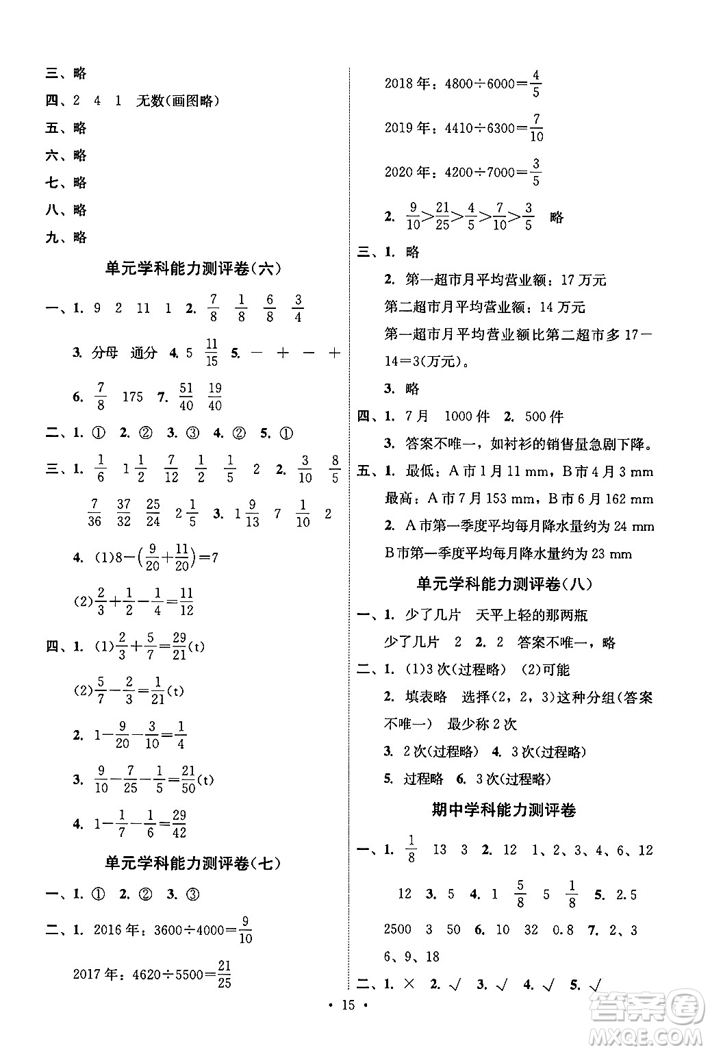 人民教育出版社2024年春能力培養(yǎng)與測試五年級數(shù)學(xué)下冊人教版湖南專版答案