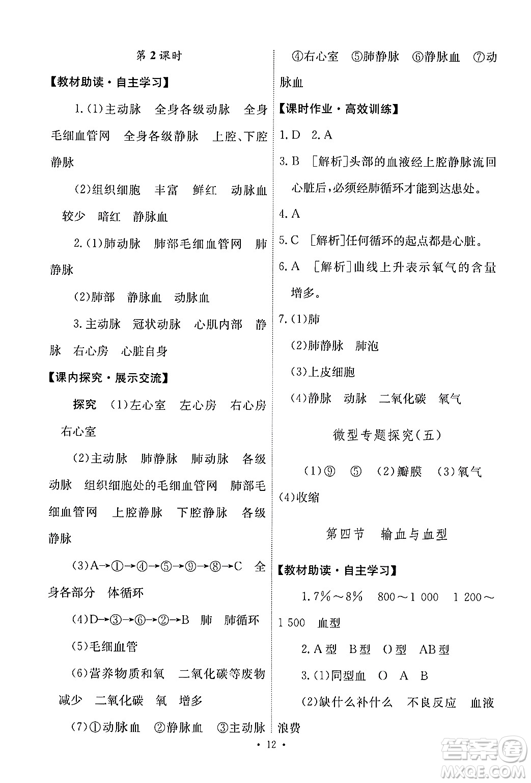 人民教育出版社2024年春能力培養(yǎng)與測(cè)試七年級(jí)生物下冊(cè)人教版新疆專版答案