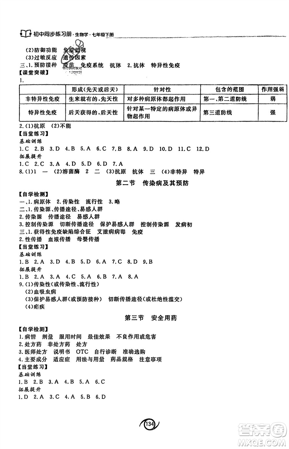 西安出版社2024年春初中同步練習(xí)冊七年級生物下冊濟(jì)南版參考答案