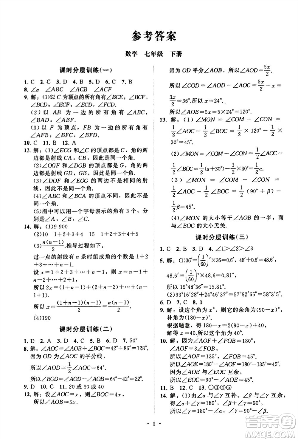 山東教育出版社2024年春初中同步練習冊分層卷七年級數(shù)學下冊通用版參考答案