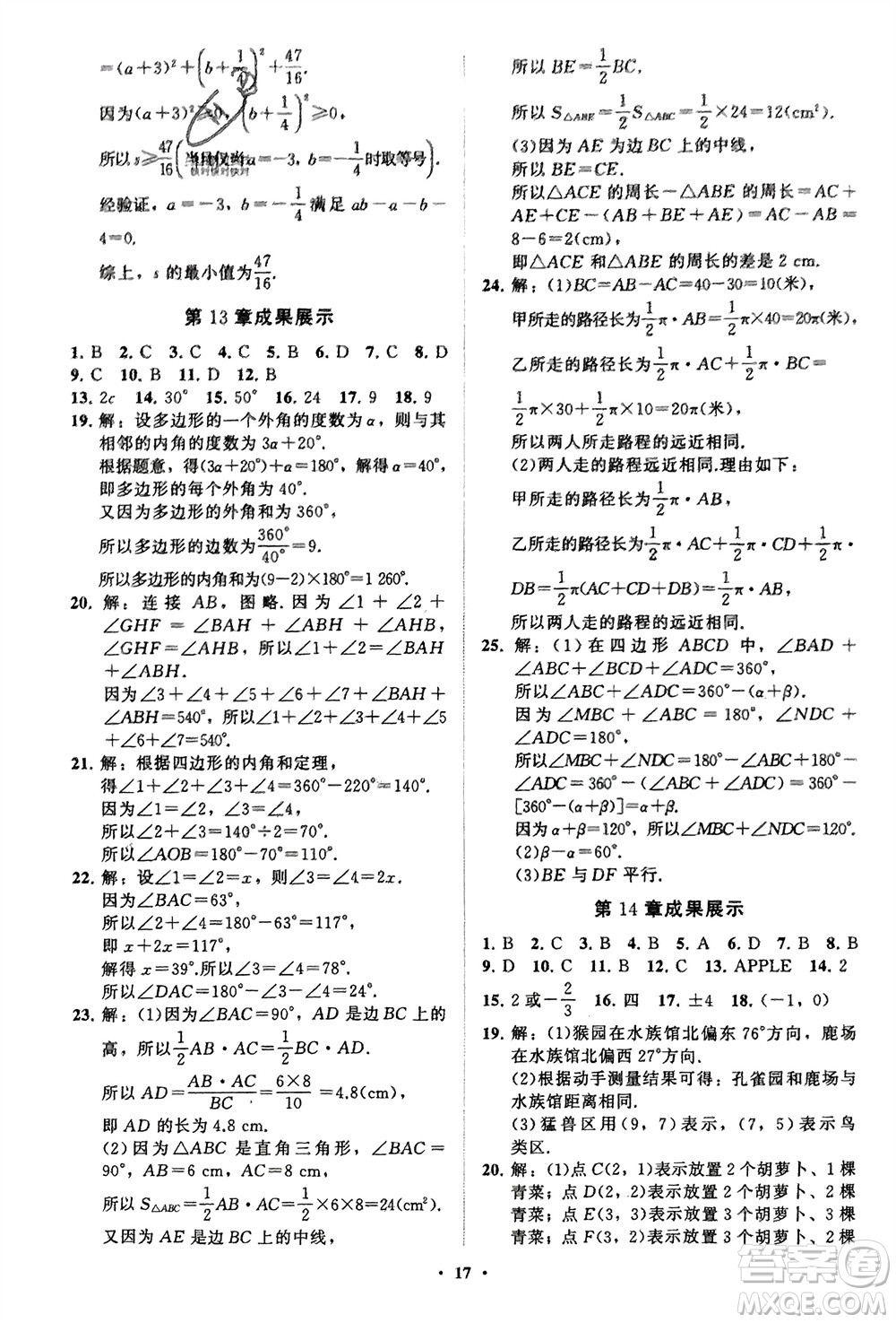 山東教育出版社2024年春初中同步練習冊分層卷七年級數(shù)學下冊通用版參考答案