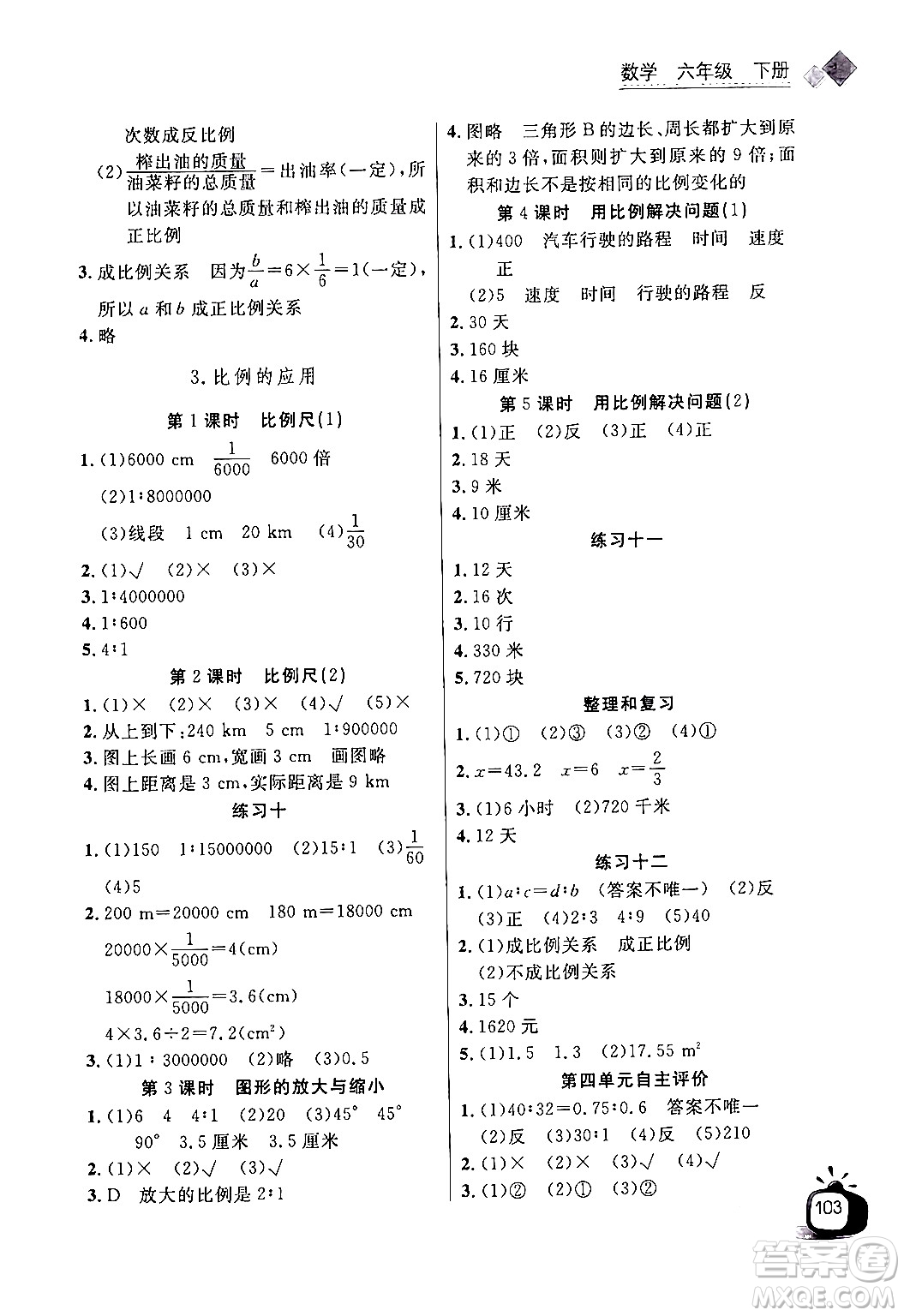 長(zhǎng)江少年兒童出版社2024年春長(zhǎng)江全能學(xué)案同步練習(xí)冊(cè)六年級(jí)數(shù)學(xué)下冊(cè)人教版答案