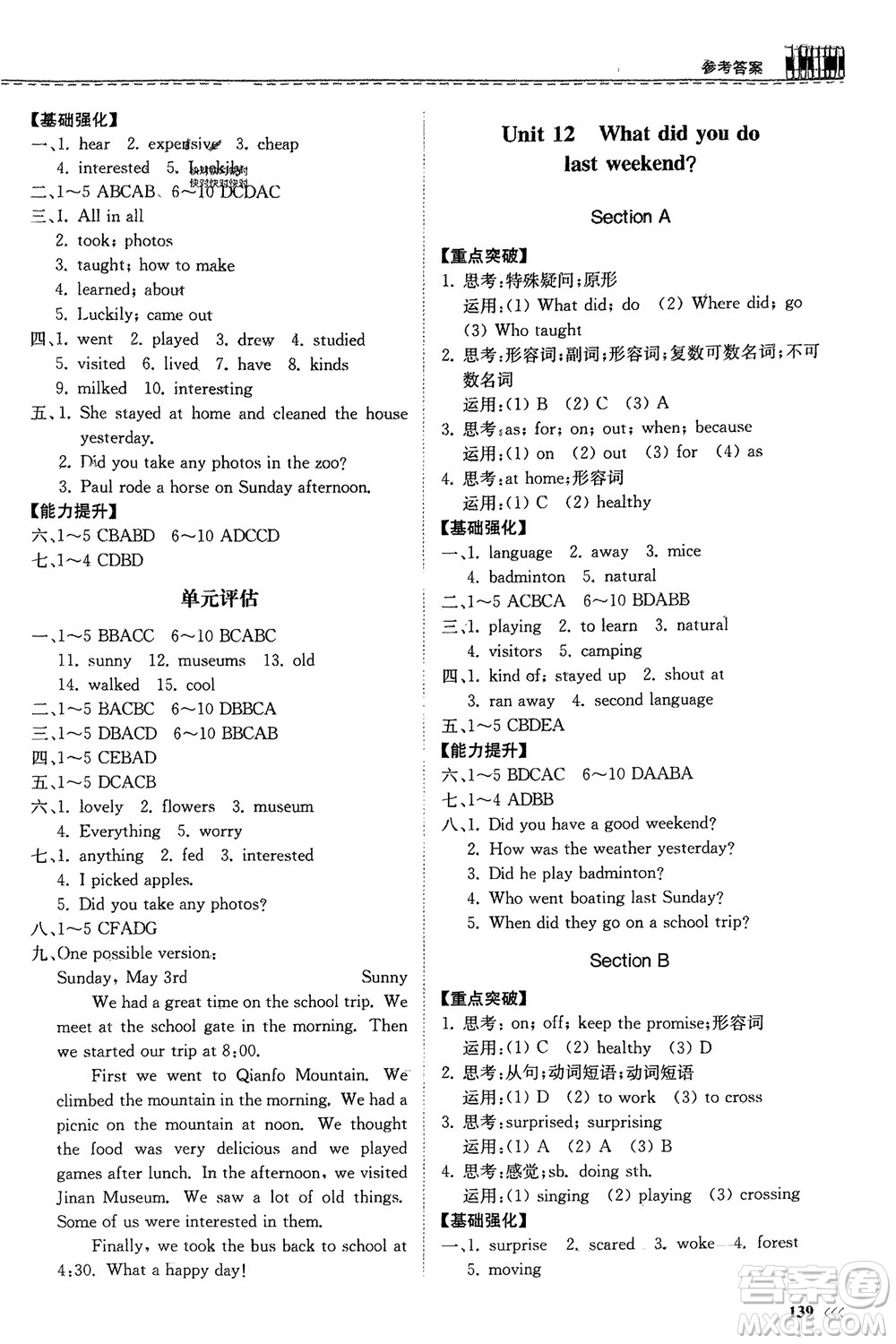 山東科學(xué)技術(shù)出版社2024年春初中同步練習(xí)冊(cè)分層卷七年級(jí)英語(yǔ)下冊(cè)人教版山東專版參考答案