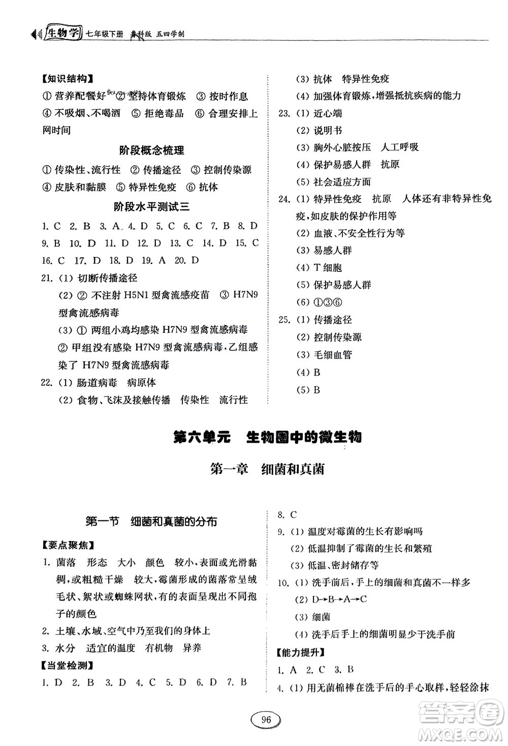 山東科學(xué)技術(shù)出版社2024年春初中同步練習(xí)冊分層卷七年級生物下冊五四學(xué)制魯科版參考答案