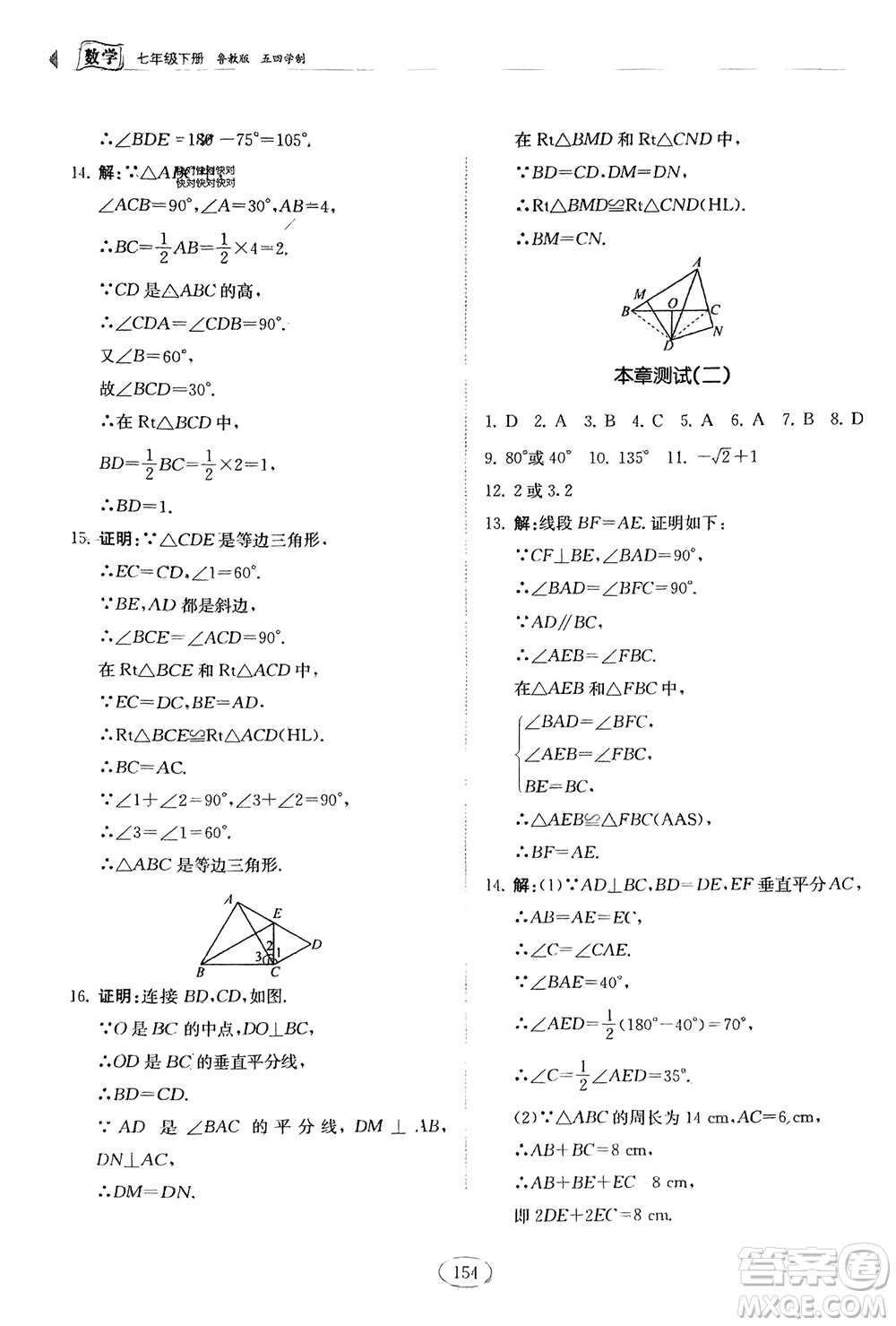 山東科學技術出版社2024年春初中同步練習冊分層卷七年級數學下冊五四學制魯教版參考答案