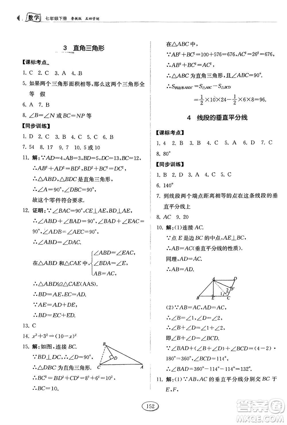 山東科學技術出版社2024年春初中同步練習冊分層卷七年級數學下冊五四學制魯教版參考答案