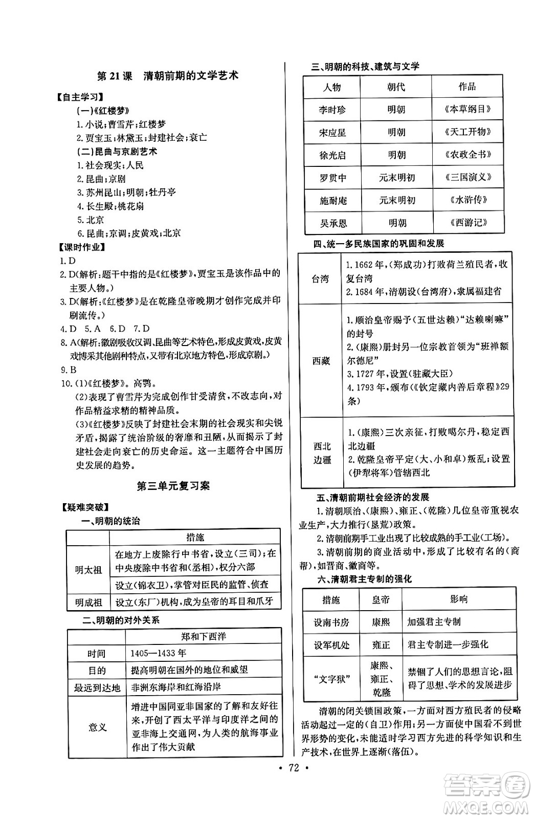 長(zhǎng)江少年兒童出版社2024年春長(zhǎng)江全能學(xué)案同步練習(xí)冊(cè)七年級(jí)歷史下冊(cè)人教版答案