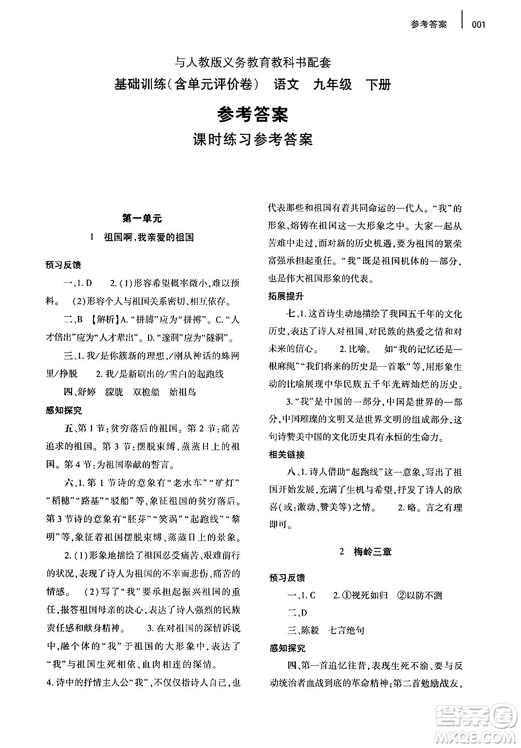 大象出版社2024年春基礎(chǔ)訓(xùn)練九年級(jí)語文下冊(cè)人教版答案