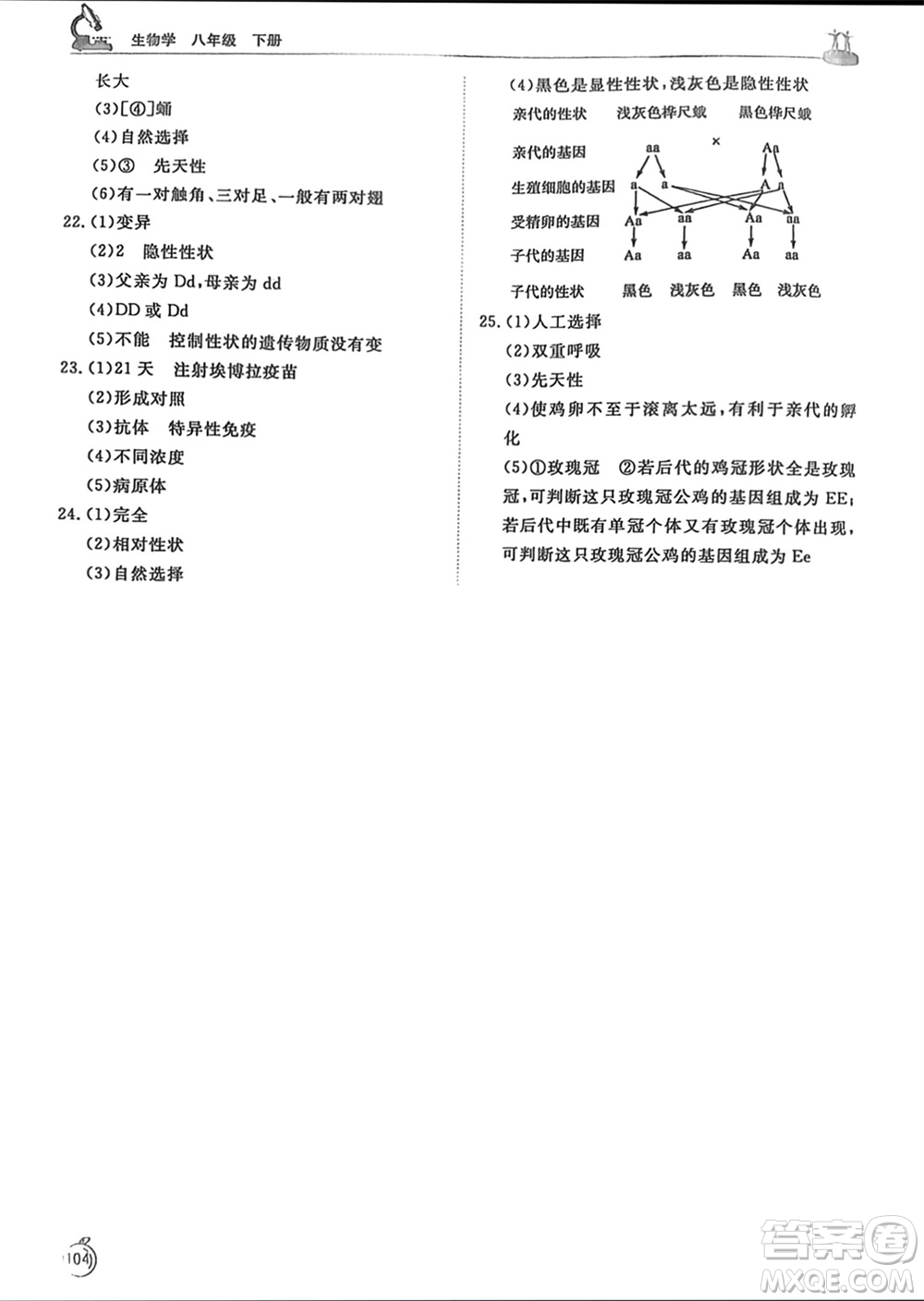 山東友誼出版社2024年春初中同步練習(xí)冊(cè)八年級(jí)生物下冊(cè)人教版參考答案