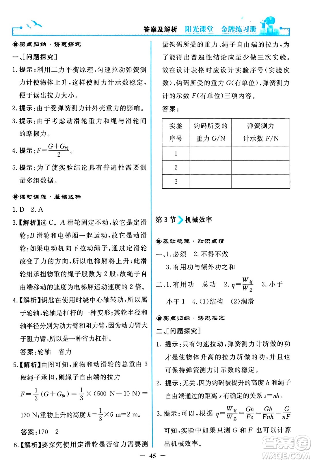 人民教育出版社2024年春陽光課堂金牌練習冊八年級物理下冊人教版答案