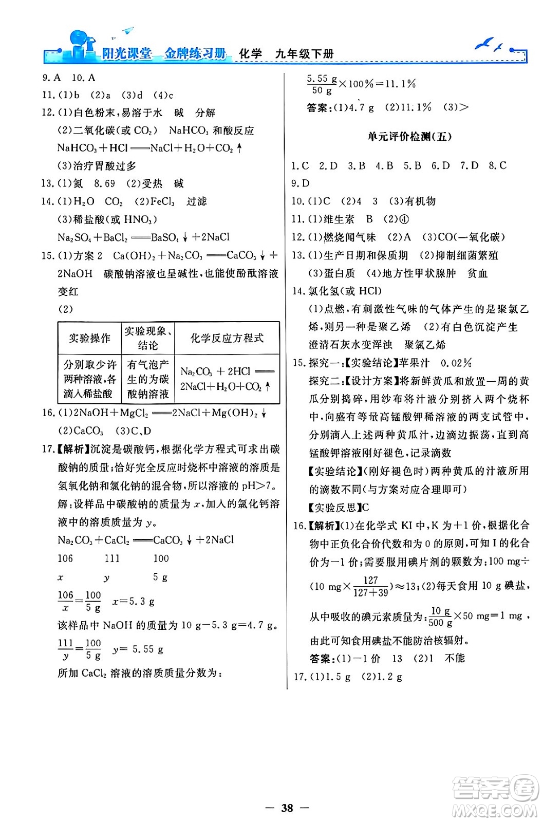 人民教育出版社2024年春陽(yáng)光課堂金牌練習(xí)冊(cè)九年級(jí)化學(xué)下冊(cè)人教版答案