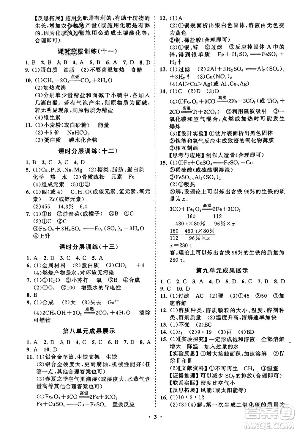 山東教育出版社2024年春初中同步練習(xí)冊(cè)分層卷九年級(jí)化學(xué)下冊(cè)人教版參考答案