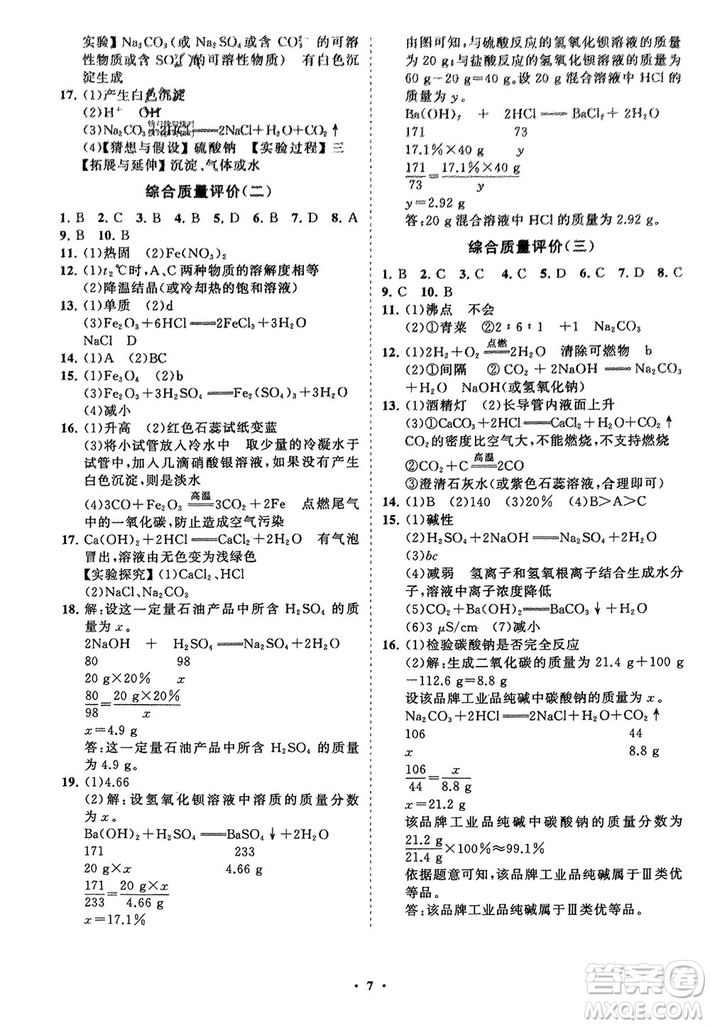 山東教育出版社2024年春初中同步練習(xí)冊(cè)分層卷九年級(jí)化學(xué)下冊(cè)人教版參考答案