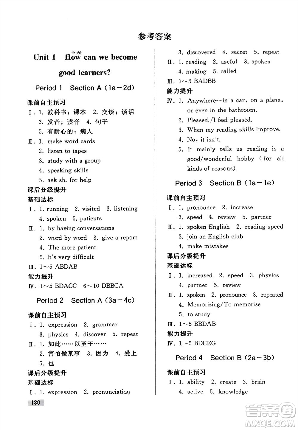 人民教育出版社2024年初中同步練習(xí)冊九年級英語全冊人教版參考答案