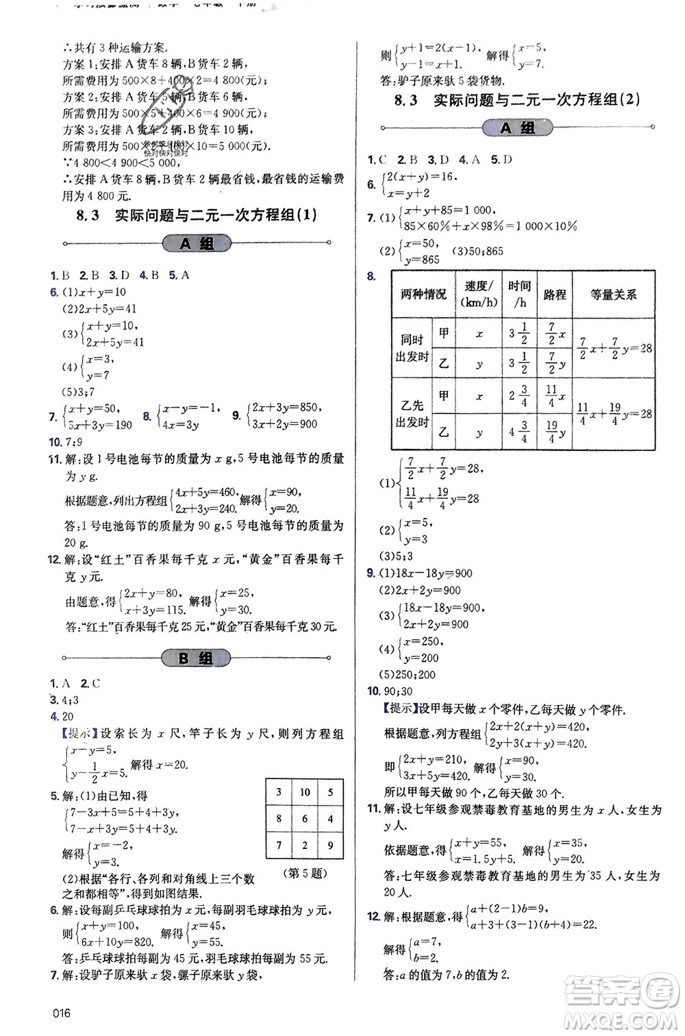 天津教育出版社2024年春學(xué)習(xí)質(zhì)量監(jiān)測(cè)七年級(jí)數(shù)學(xué)下冊(cè)人教版參考答案