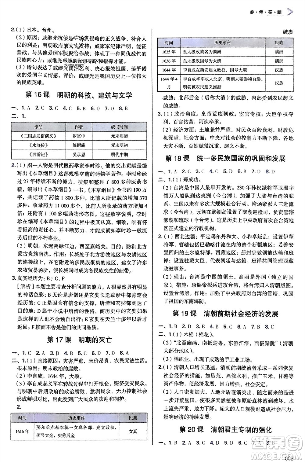 天津教育出版社2024年春學習質量監(jiān)測七年級歷史下冊人教版參考答案