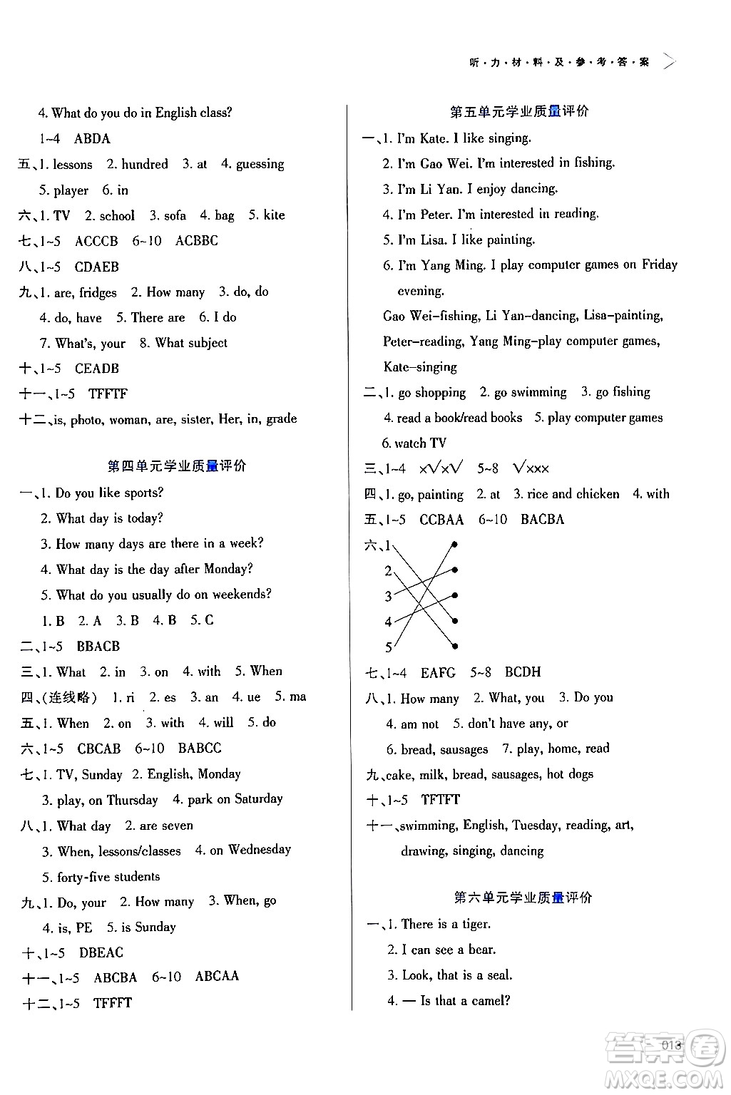 天津教育出版社2024年春學(xué)習(xí)質(zhì)量監(jiān)測(cè)四年級(jí)英語(yǔ)下冊(cè)人教版答案