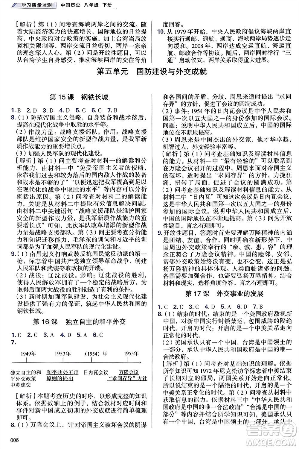 天津教育出版社2024年春學(xué)習(xí)質(zhì)量監(jiān)測(cè)八年級(jí)歷史下冊(cè)人教版參考答案