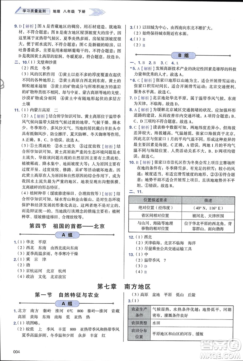 天津教育出版社2024年春學(xué)習(xí)質(zhì)量監(jiān)測(cè)八年級(jí)地理下冊(cè)人教版參考答案