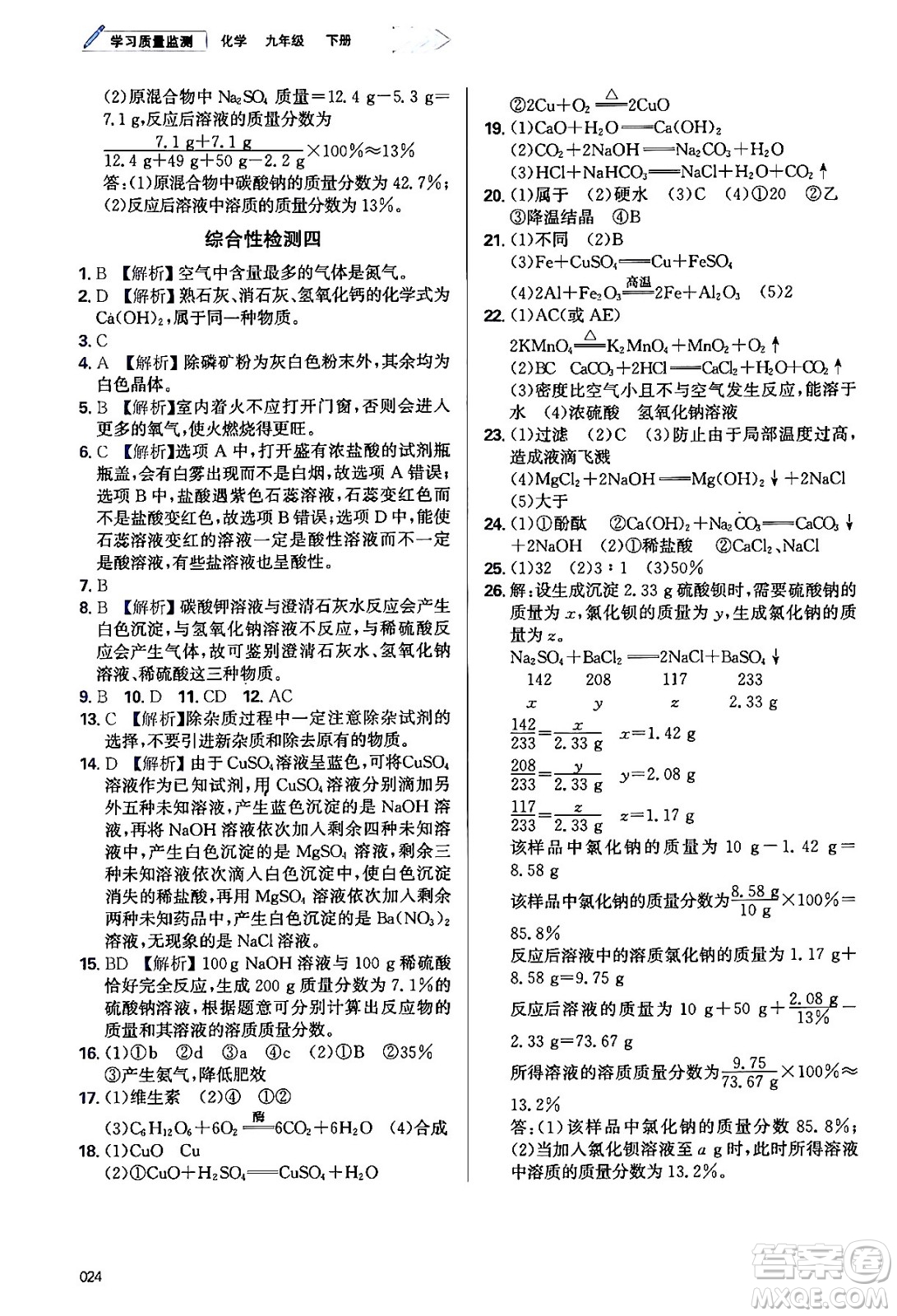 天津教育出版社2024年春學(xué)習(xí)質(zhì)量監(jiān)測九年級化學(xué)下冊人教版答案