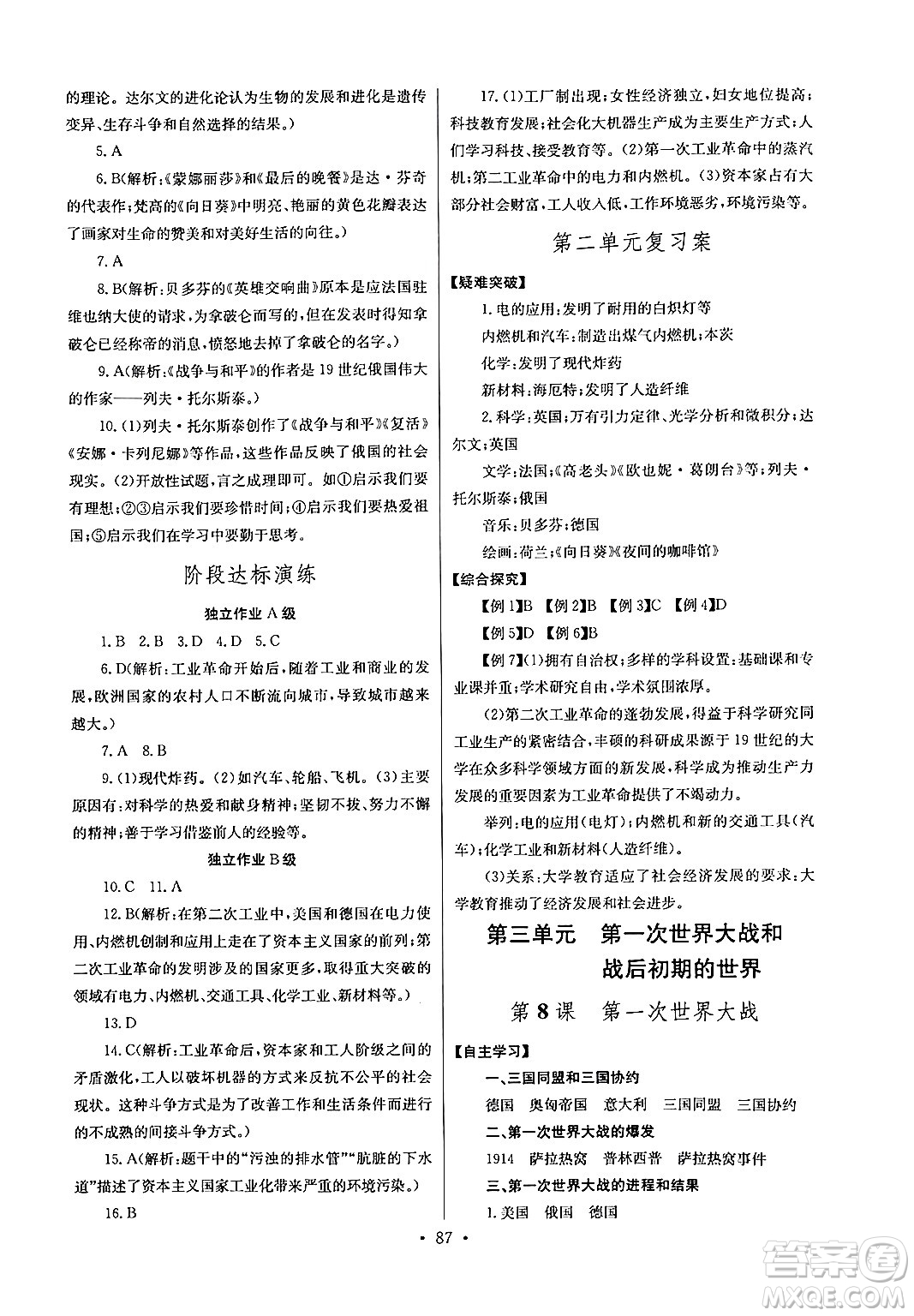 湖北教育出版社2024年春長江全能學(xué)案同步練習(xí)冊九年級歷史下冊人教版答案