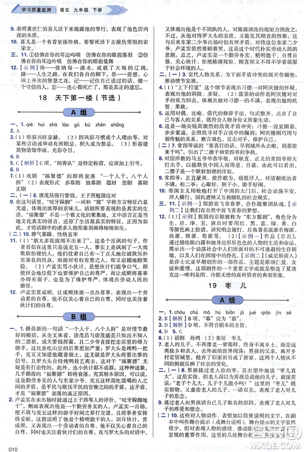 天津教育出版社2024年春學(xué)習(xí)質(zhì)量監(jiān)測(cè)九年級(jí)語(yǔ)文下冊(cè)人教版參考答案