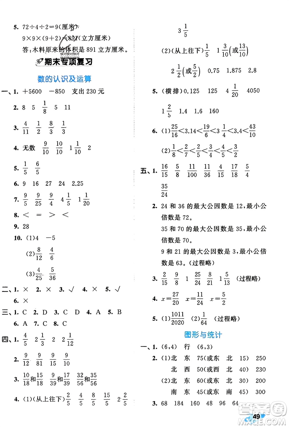 西安出版社2024年春53全優(yōu)卷五年級數(shù)學(xué)下冊青島版參考答案