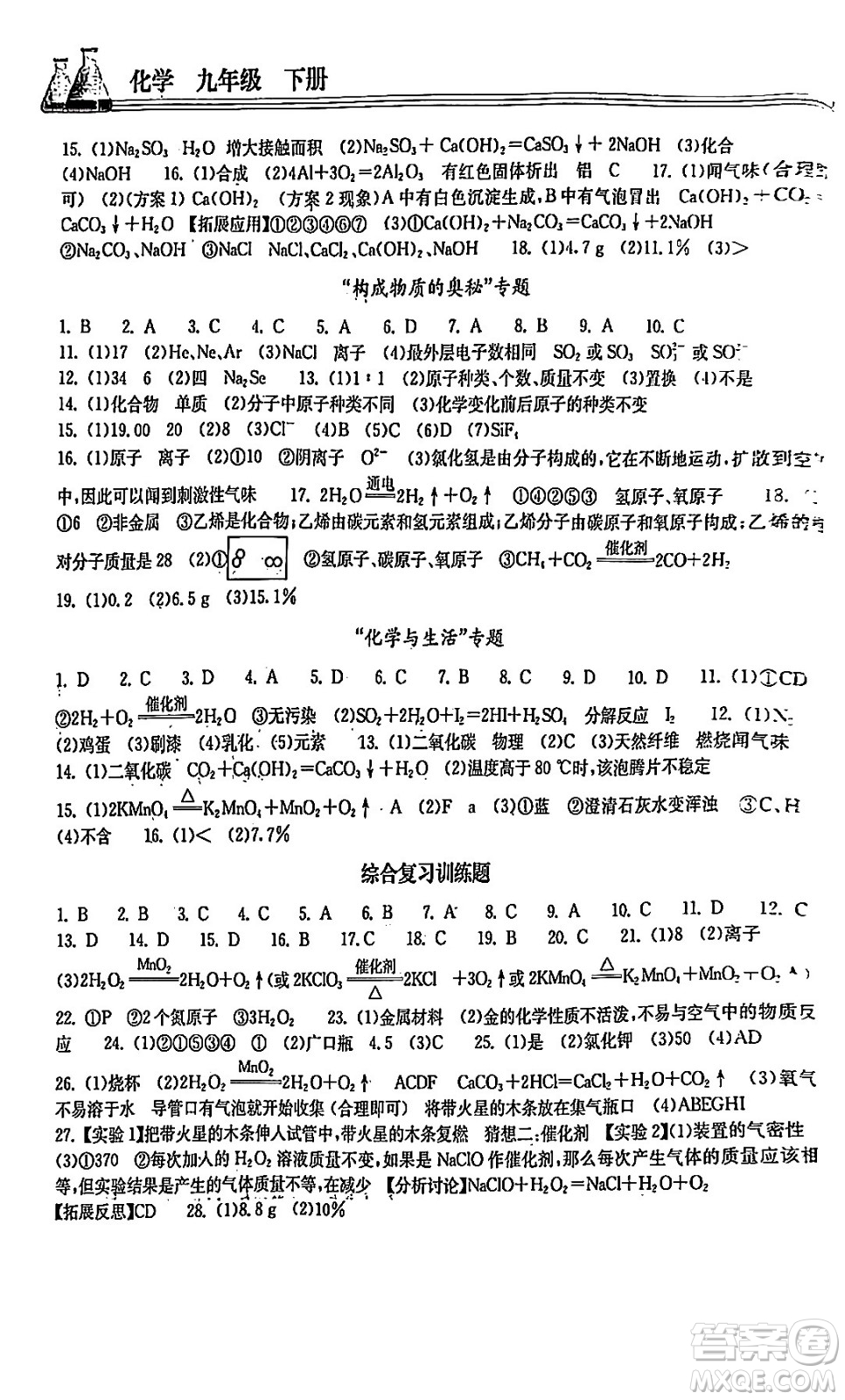 湖北教育出版社2024年春長(zhǎng)江作業(yè)本同步練習(xí)冊(cè)九年級(jí)化學(xué)下冊(cè)人教版答案