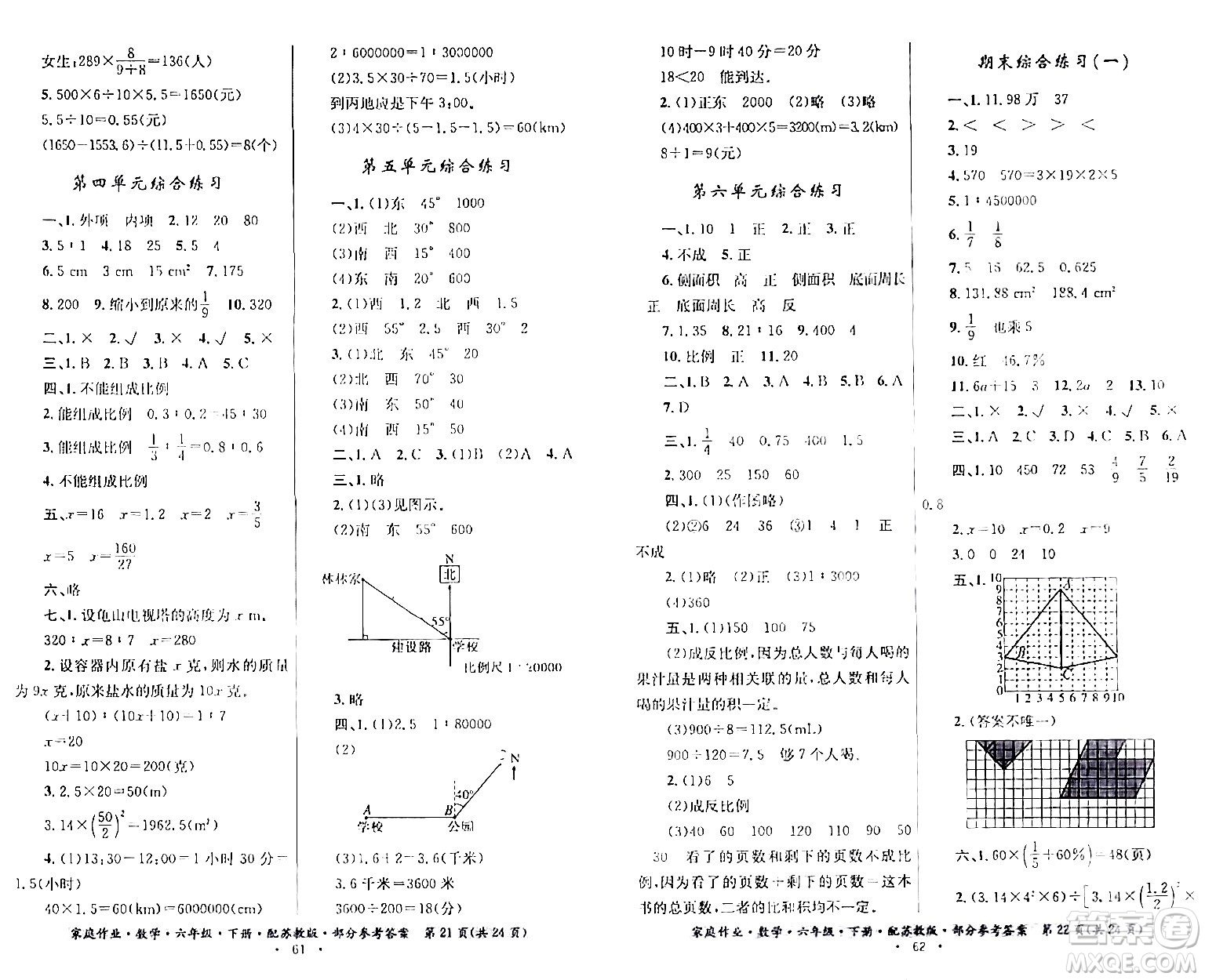 貴州人民出版社2024年春家庭作業(yè)六年級數(shù)學(xué)下冊蘇教版答案