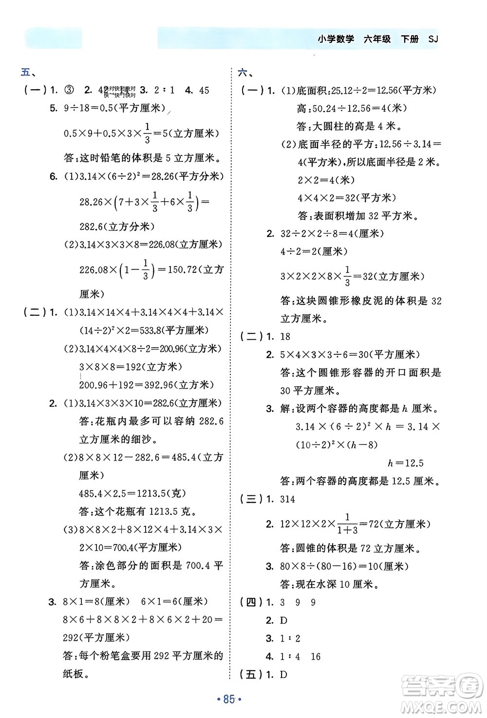 首都師范大學(xué)出版社2024年春53單元歸類復(fù)習(xí)六年級數(shù)學(xué)下冊蘇教版參考答案