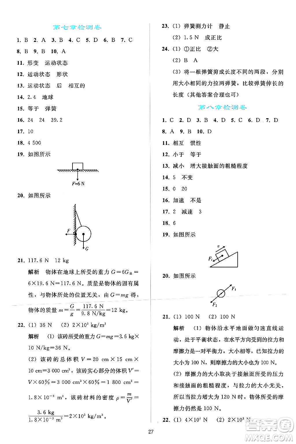 人民教育出版社2024年春同步輕松練習(xí)八年級物理下冊人教版答案