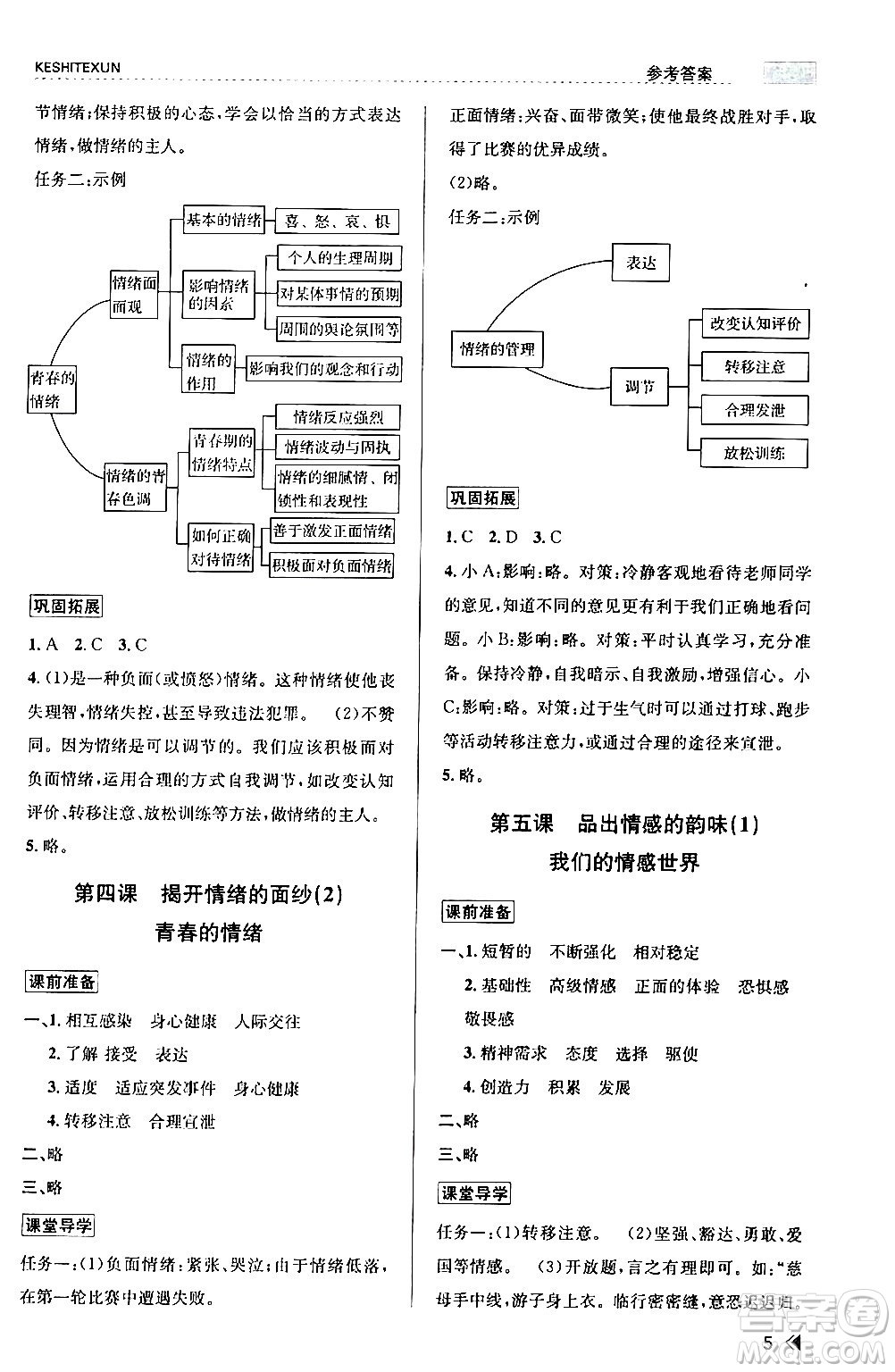 浙江人民出版社2024年春課時(shí)特訓(xùn)七年級道德與法治下冊通用版答案