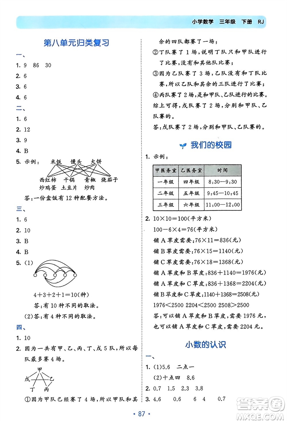 首都師范大學(xué)出版社2024年春53單元?dú)w類復(fù)習(xí)三年級(jí)數(shù)學(xué)下冊(cè)人教版參考答案