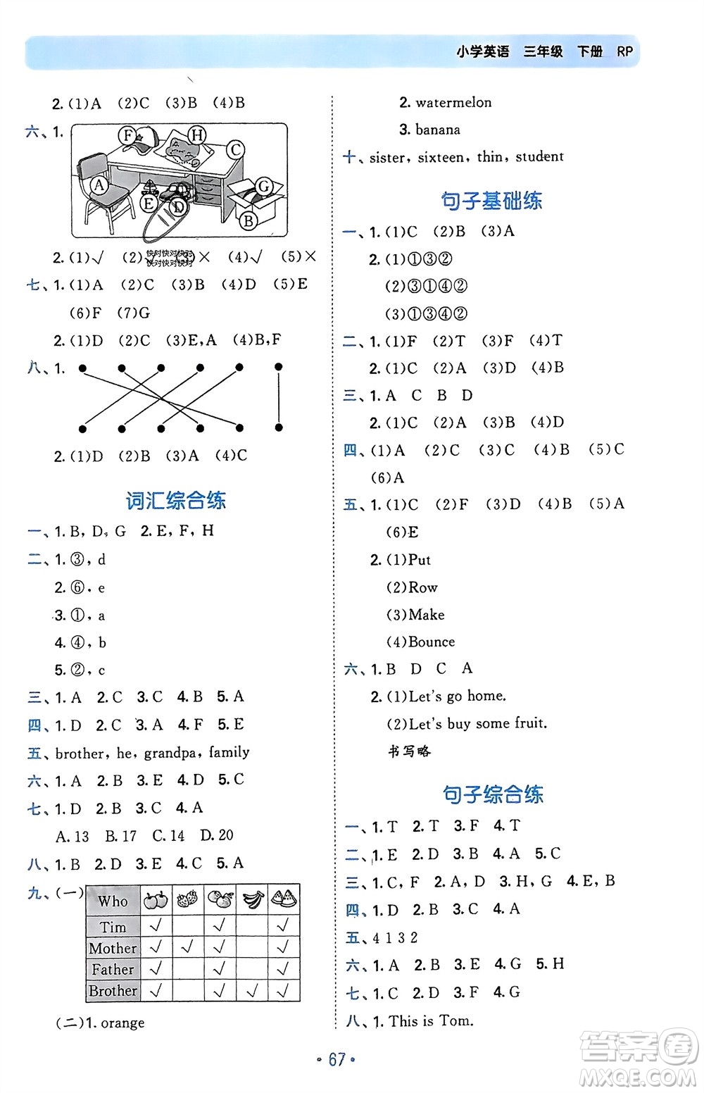 首都師范大學出版社2024年春53單元歸類復習三年級英語下冊人教版參考答案