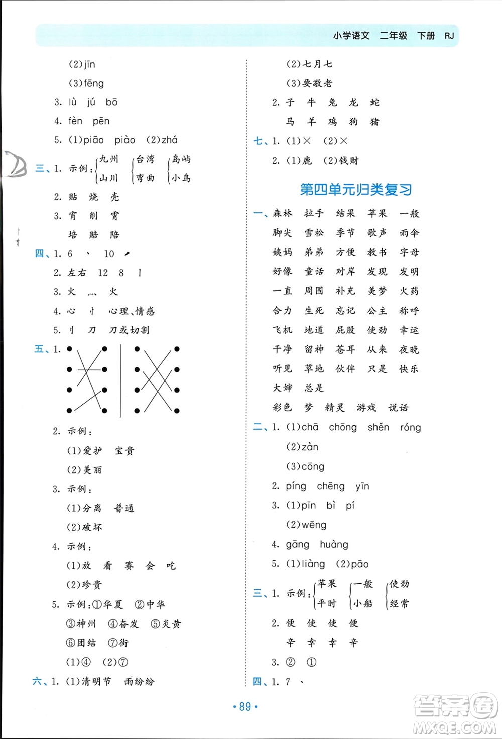 西安出版社2024年春53單元?dú)w類復(fù)習(xí)二年級(jí)語(yǔ)文下冊(cè)人教版參考答案